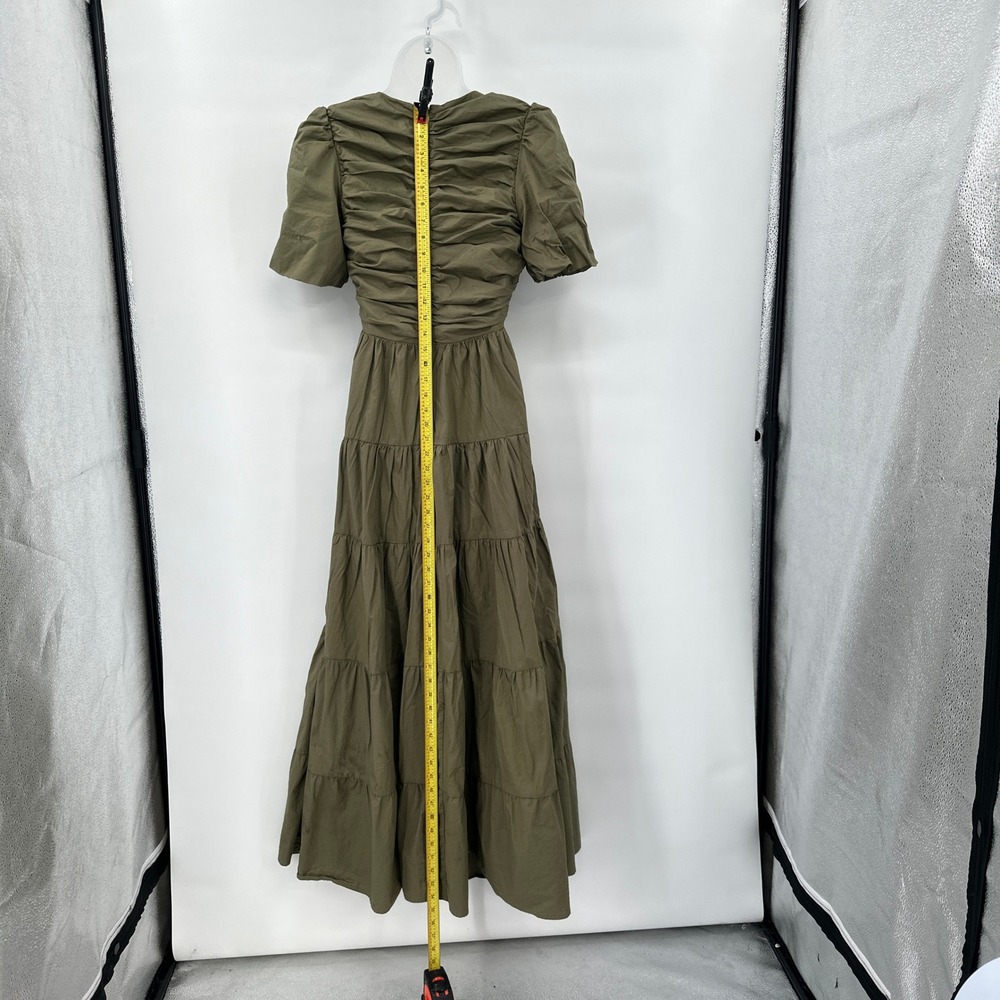 Olive Green Tiered Maxi Dress Small Cottagecore Prairie Boho Puff Sleeve Deep V - Picture 8 of 12